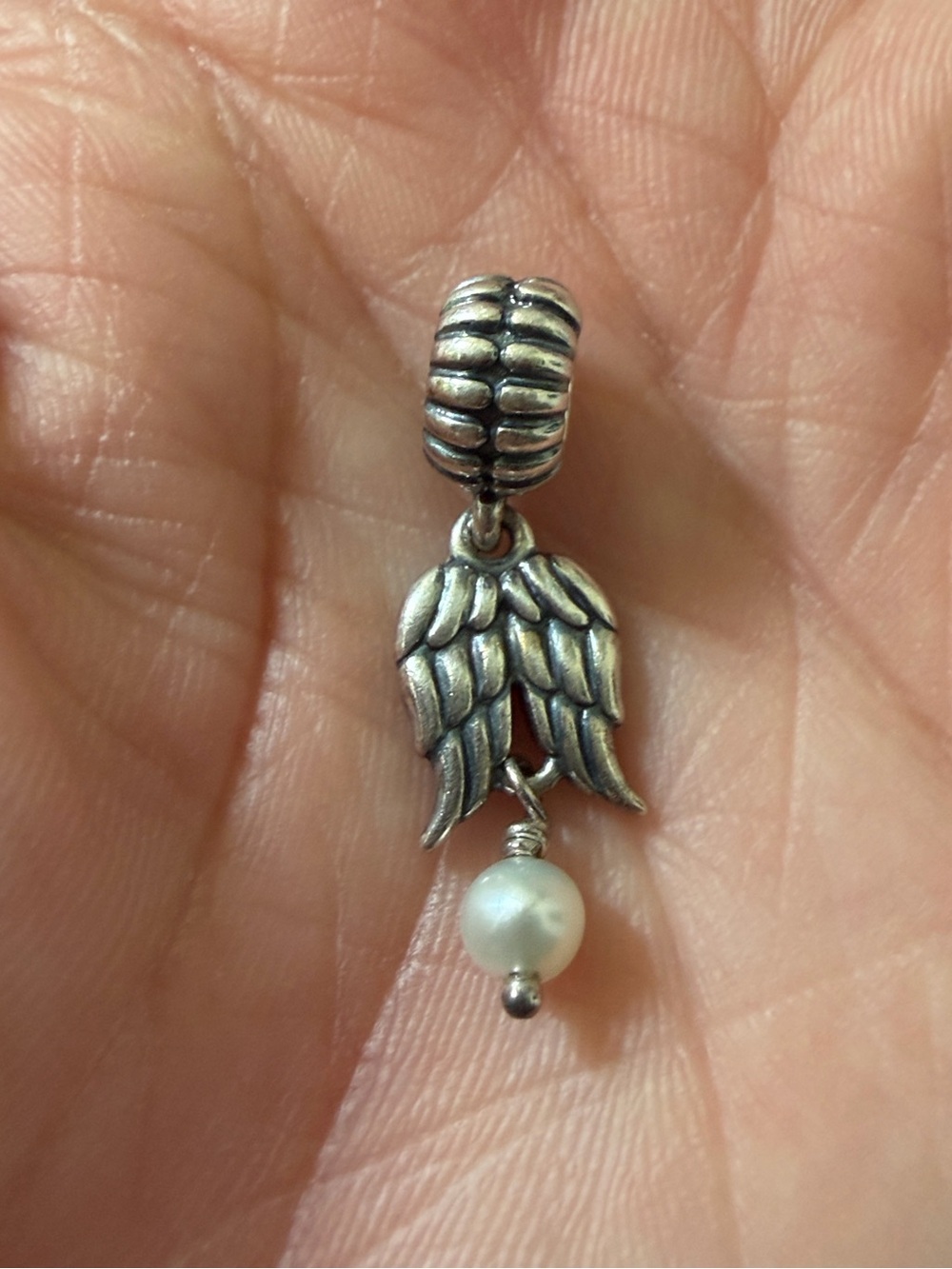 Pandora Silver Angel Wing Dangle Charm with White Pearl